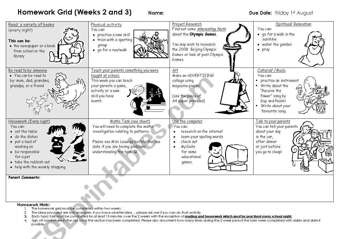 HOMEWORK GRID 1 worksheet