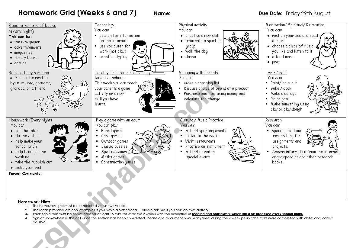 HOMEWORK GRID (2) worksheet