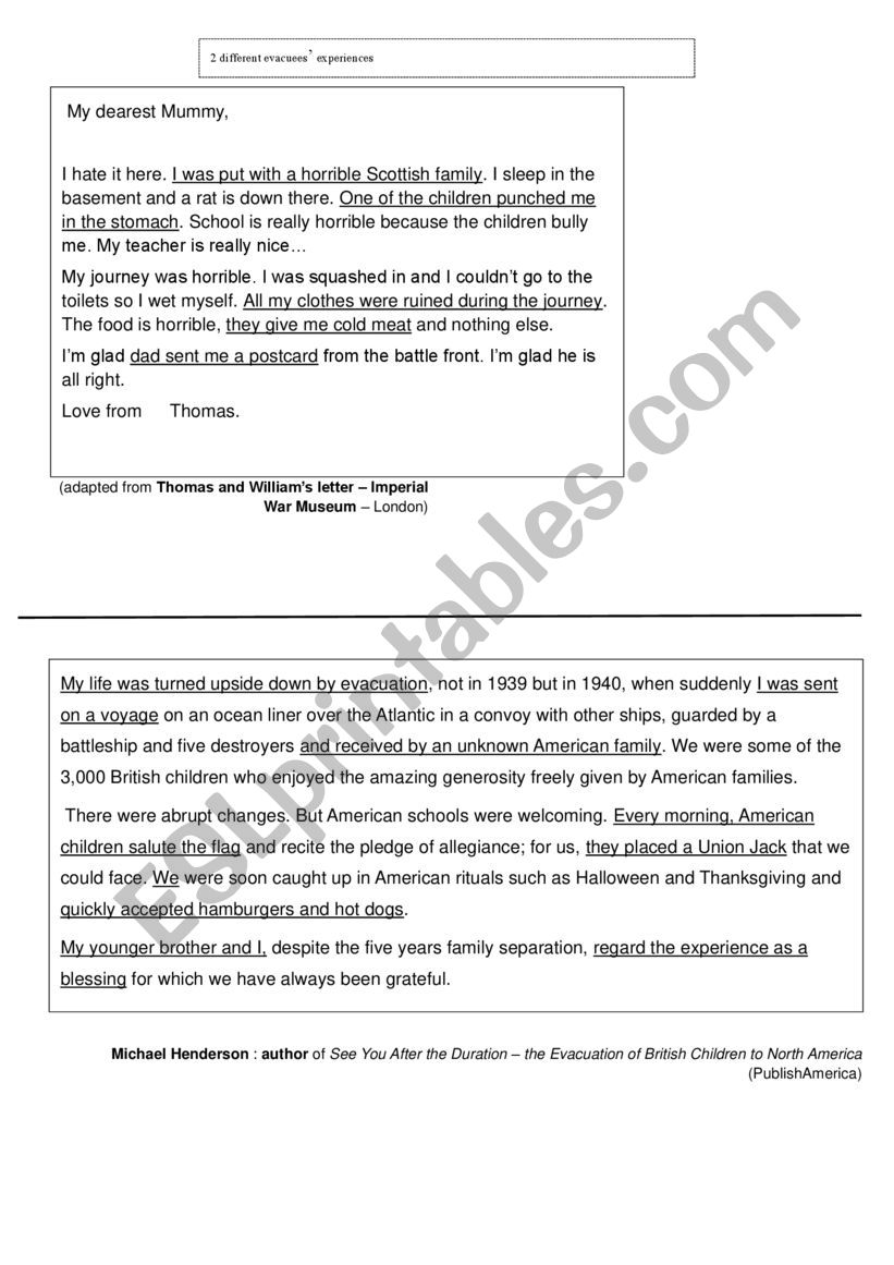 WWII - LETTERS FROM EVACUEES  worksheet