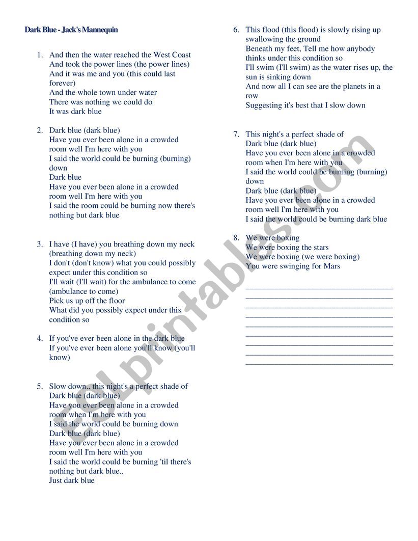 Song - Dark Blue worksheet