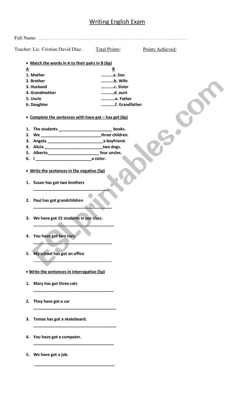 english exam worksheet