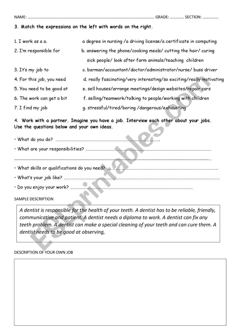 jobs responsability worksheet