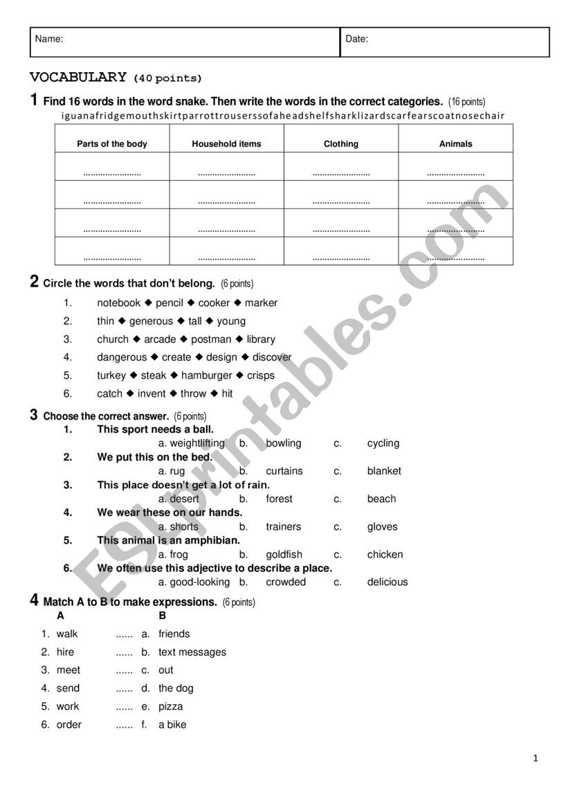 Elementary test with key worksheet