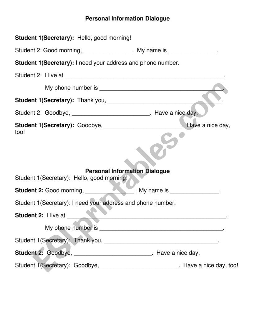 Personal Information worksheet