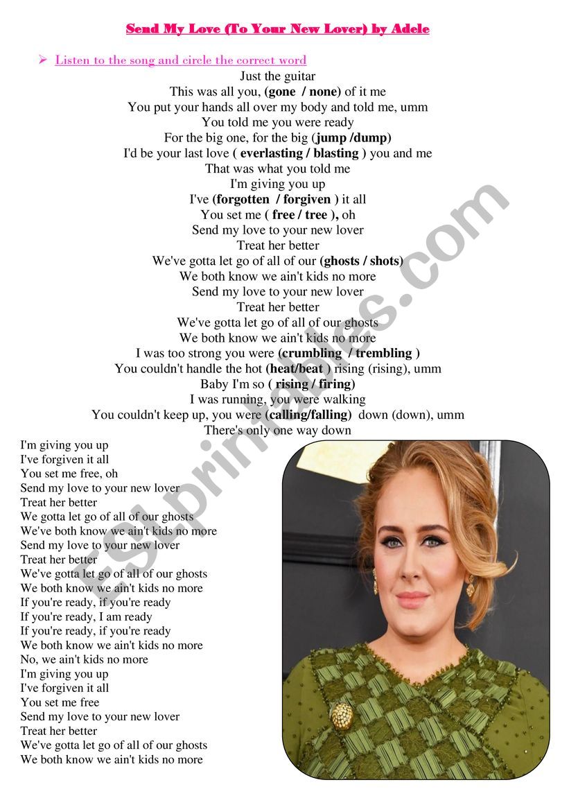 adele send my love  worksheet
