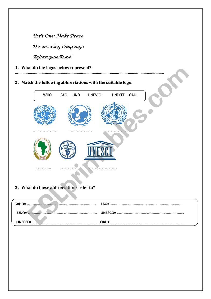 Make Peace worksheet