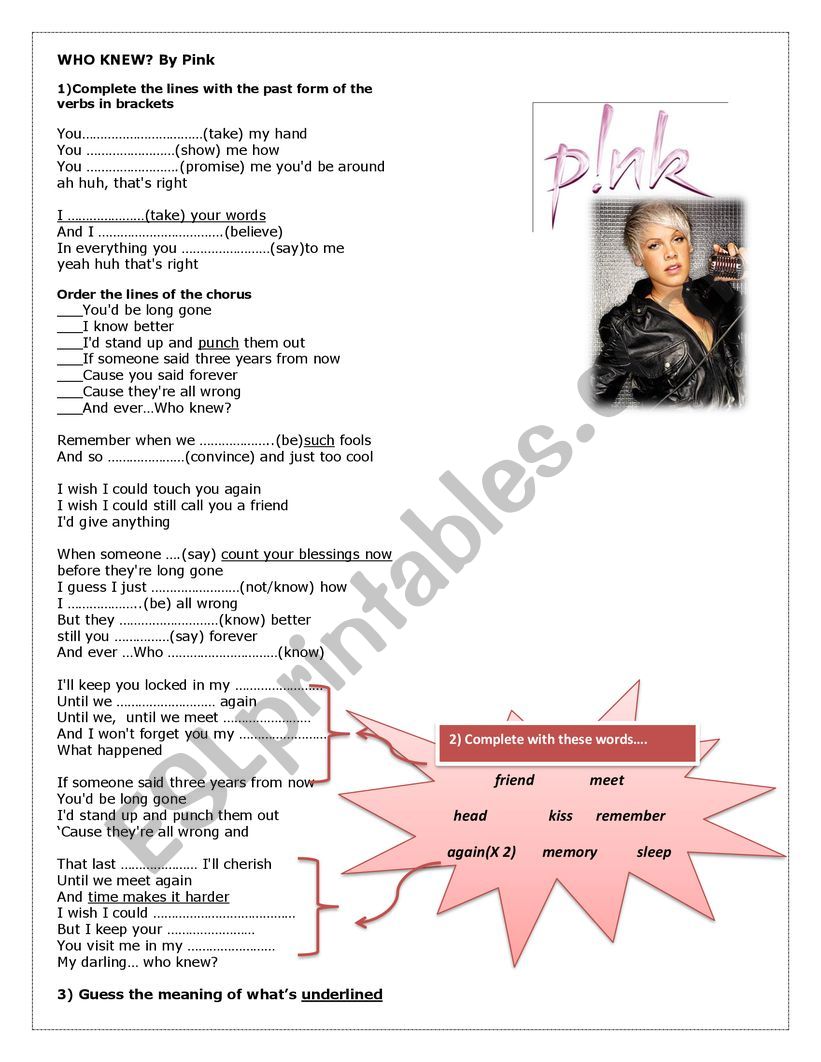 Song worksheet Who Knew by PInk