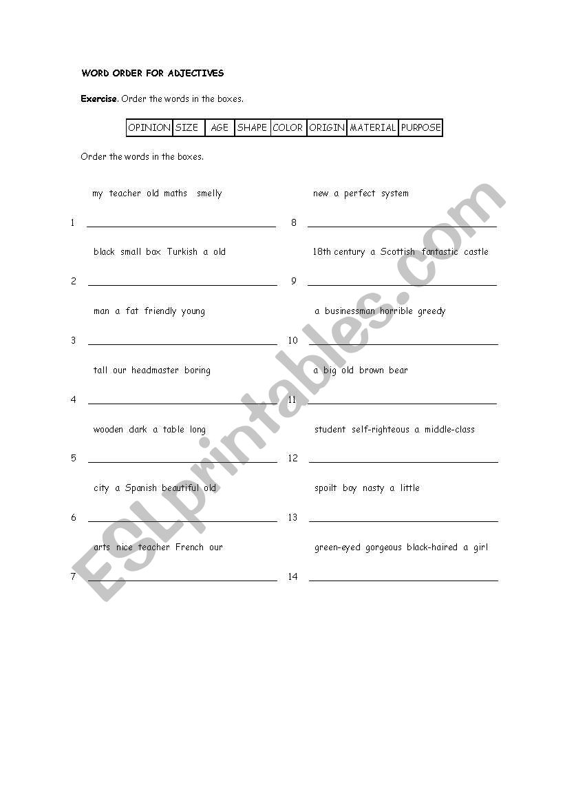 ADJECTIVE ORDER worksheet