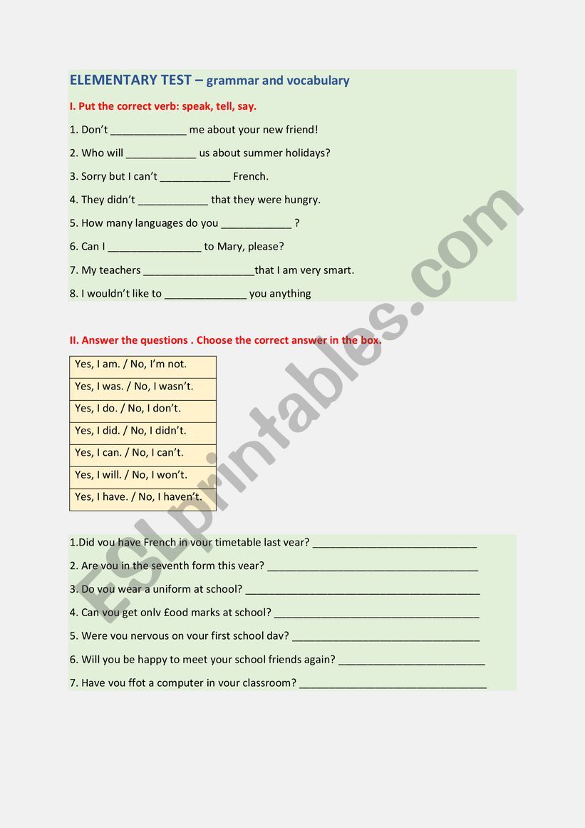 ELEMENTARY TEST - grammar and vocabulary