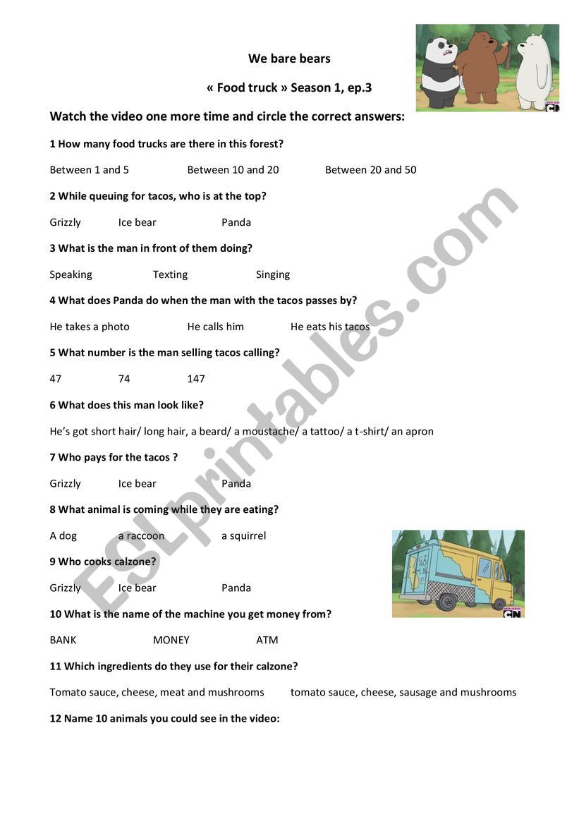 We bare bears food truck MCQ worksheet