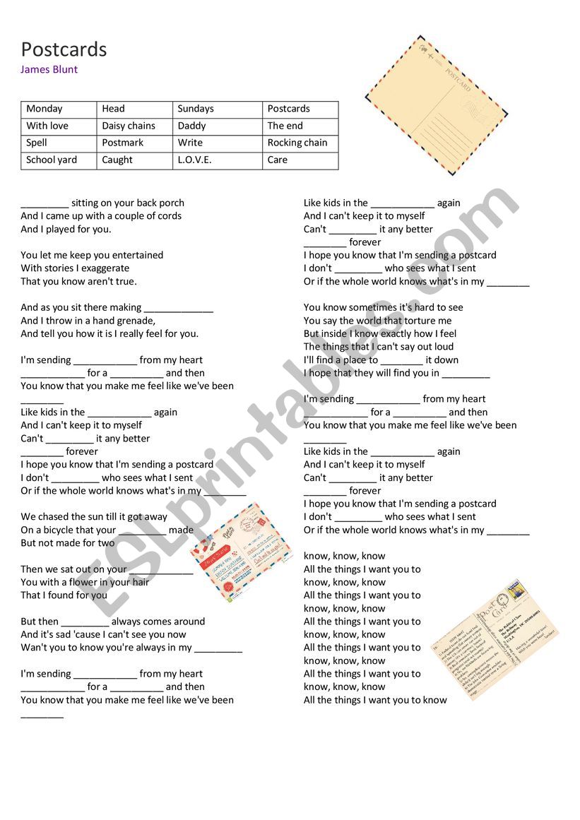 Postcards by James blunt Worksheet