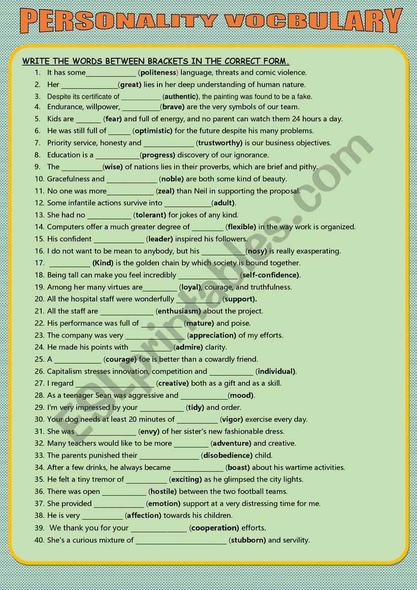 PERSONALITY VOCABULARY worksheet