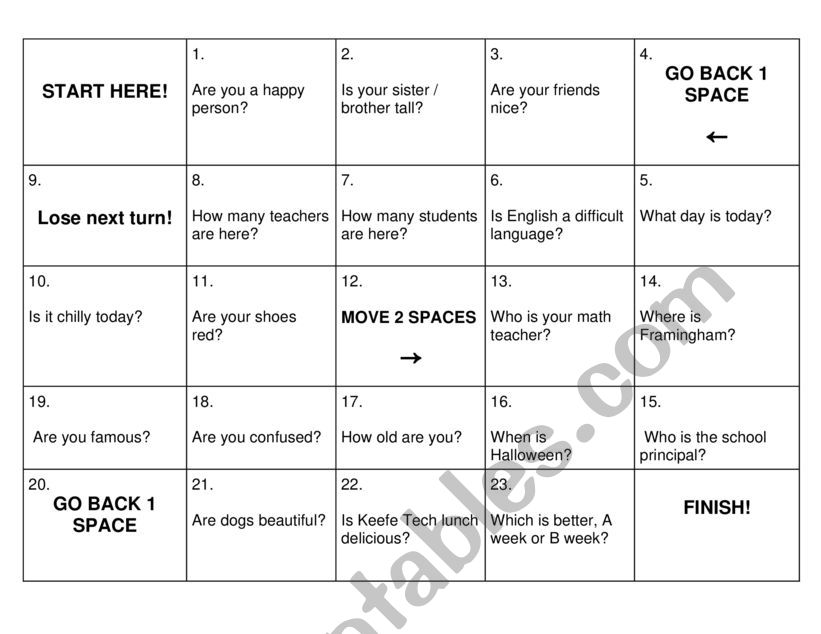 Verb To Be board game - speaking practice