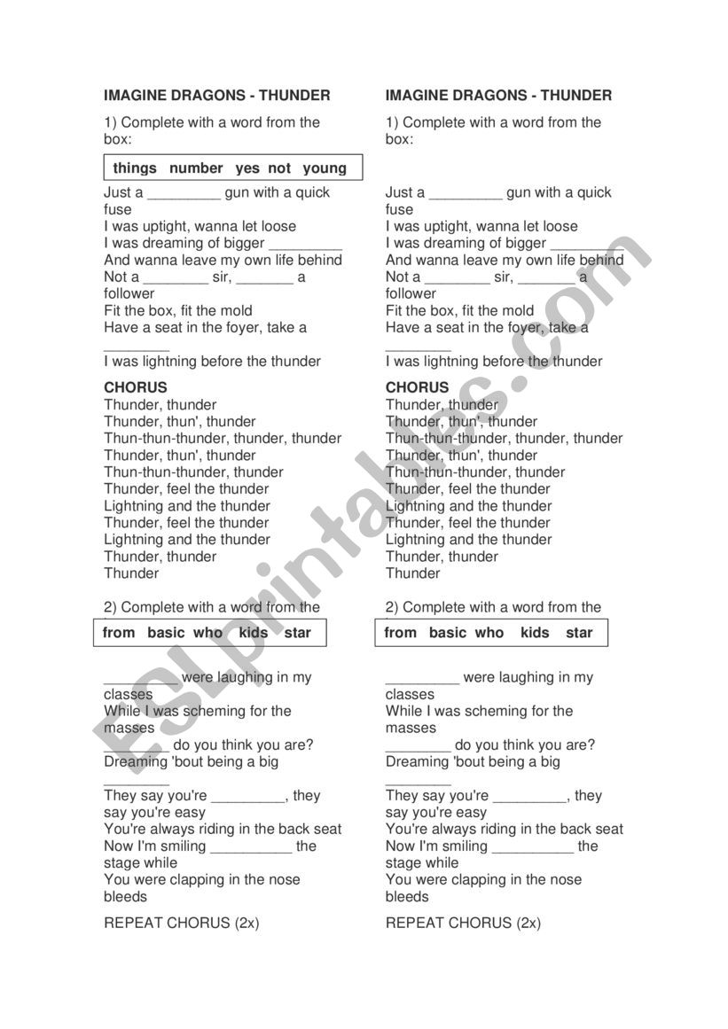 Thunder by Imagine Dragons worksheet