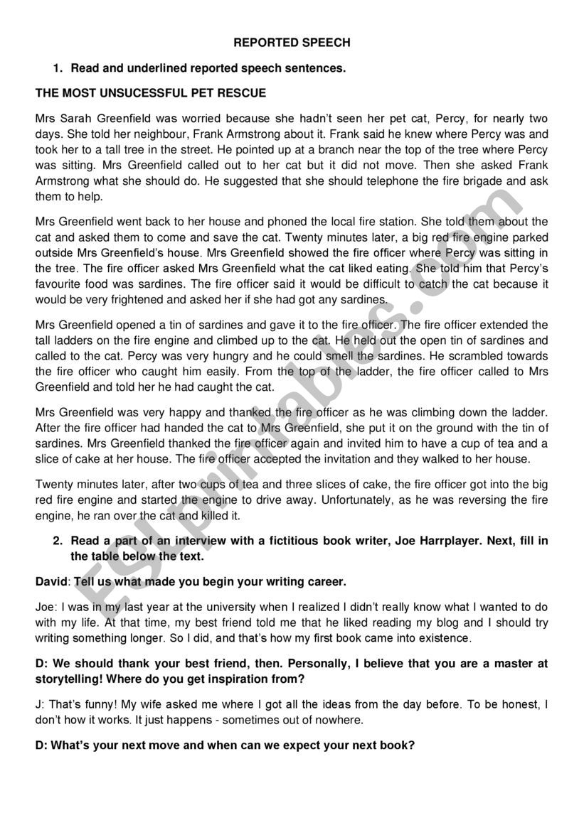 reported speech worksheet