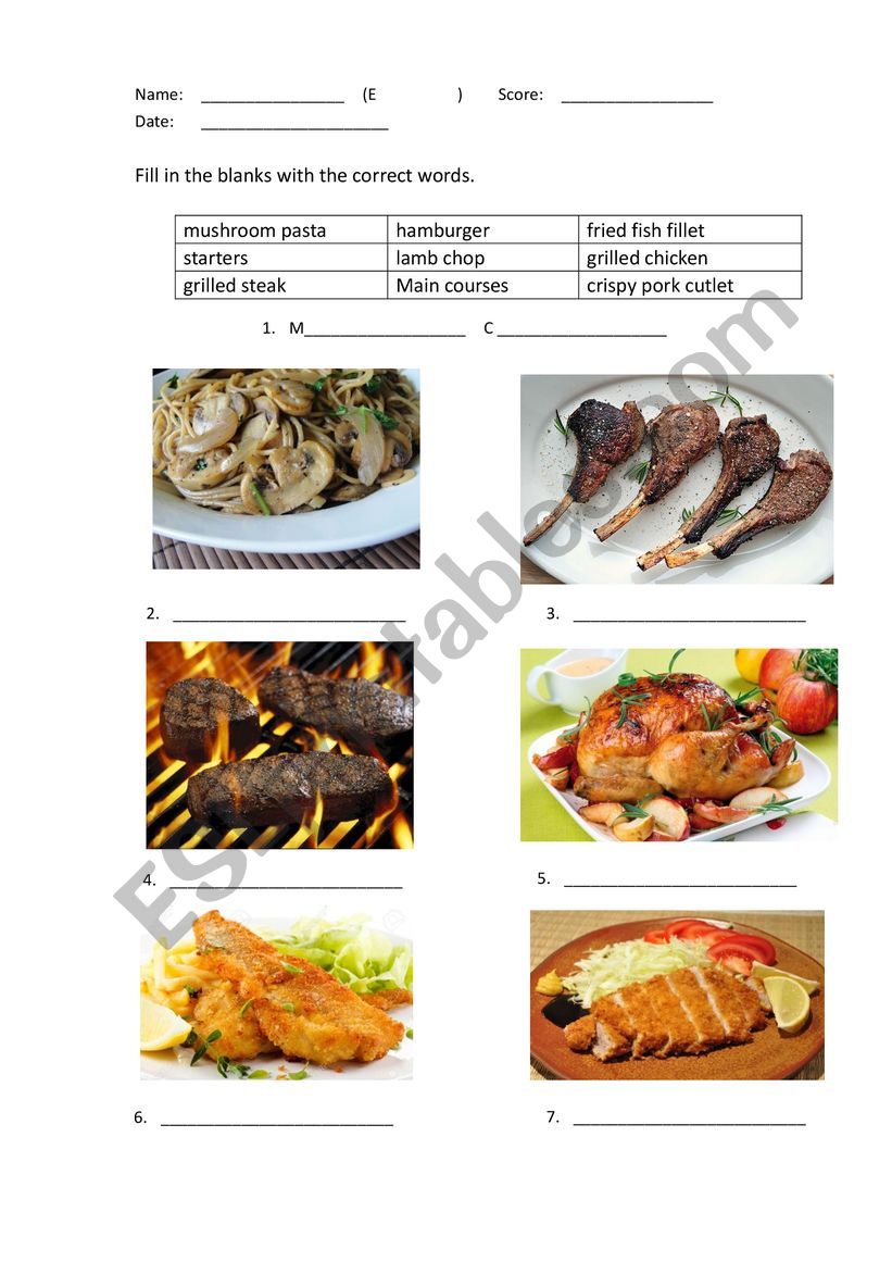 main courses worksheet