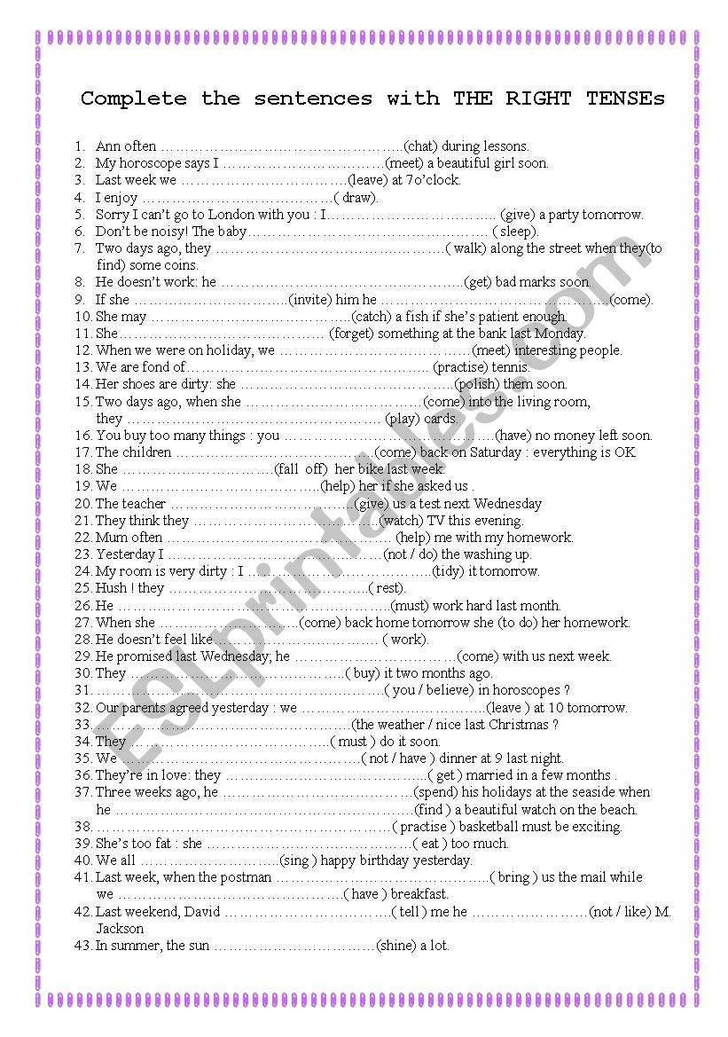find the right tenses worksheet