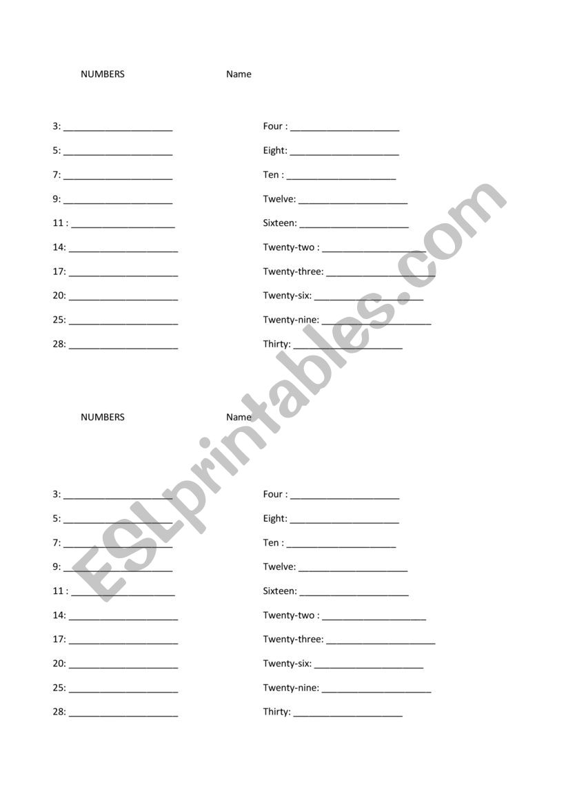 Numbers 1-30 worksheet