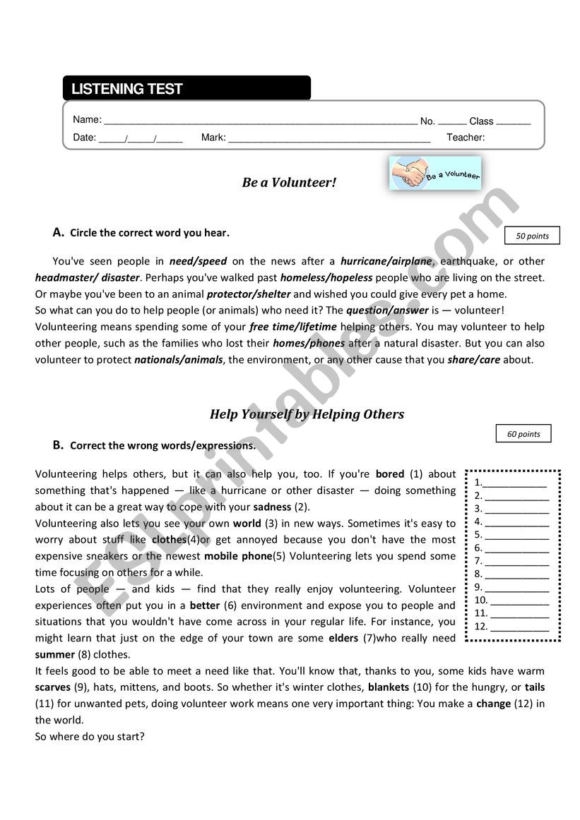 Be a volunteer worksheet