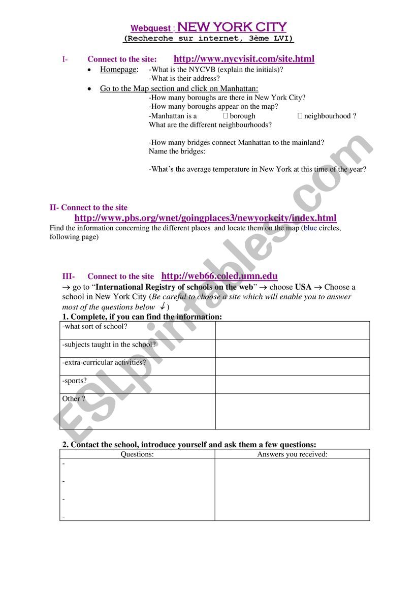 New York webquest worksheet