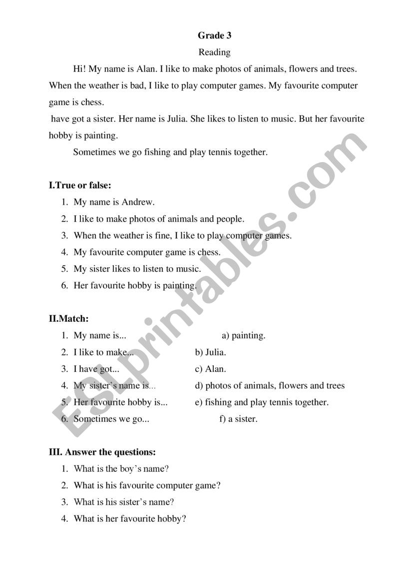 Reading Grade 3 worksheet