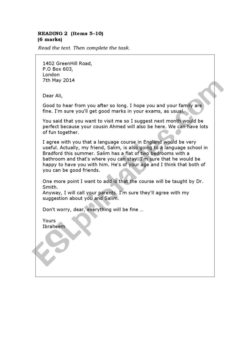 reading test worksheet