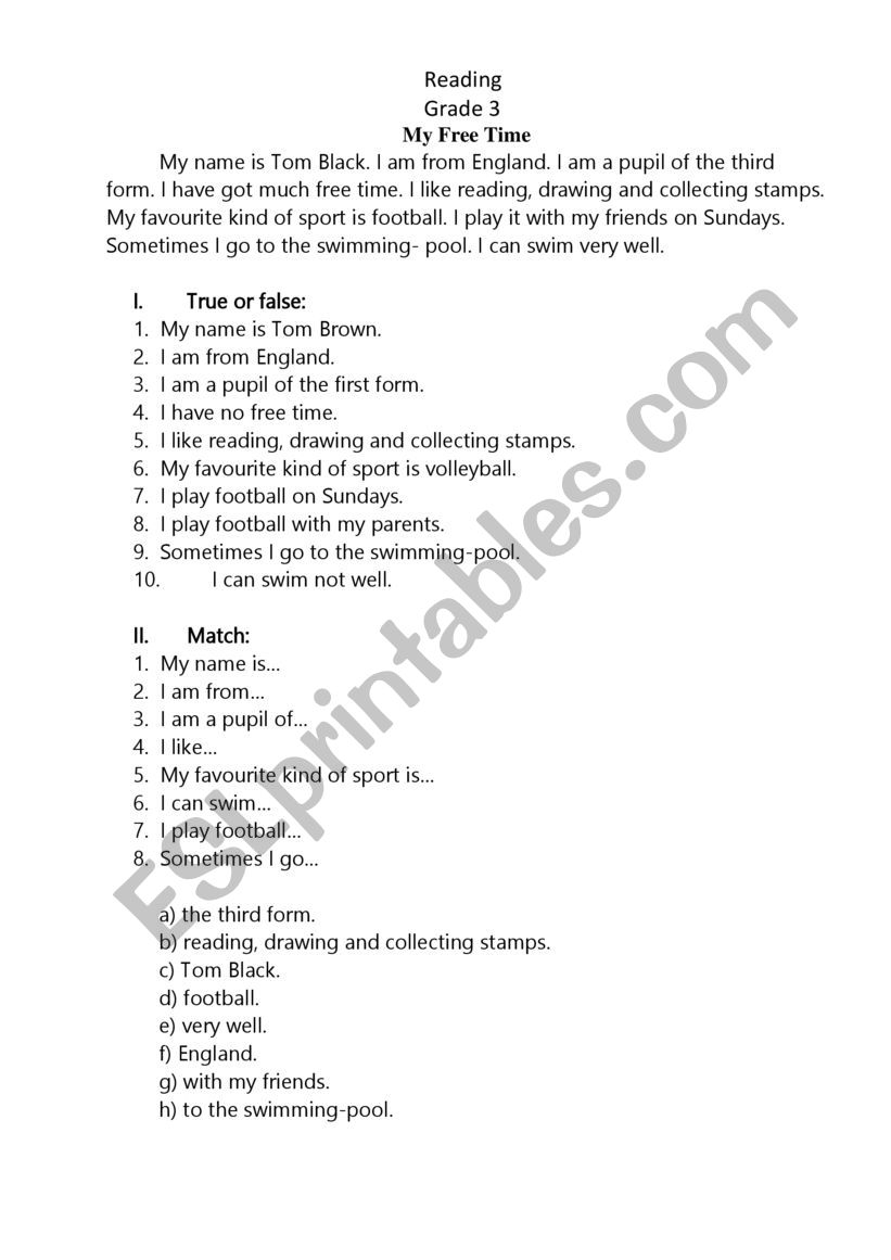 reading grade 3 my free time worksheet