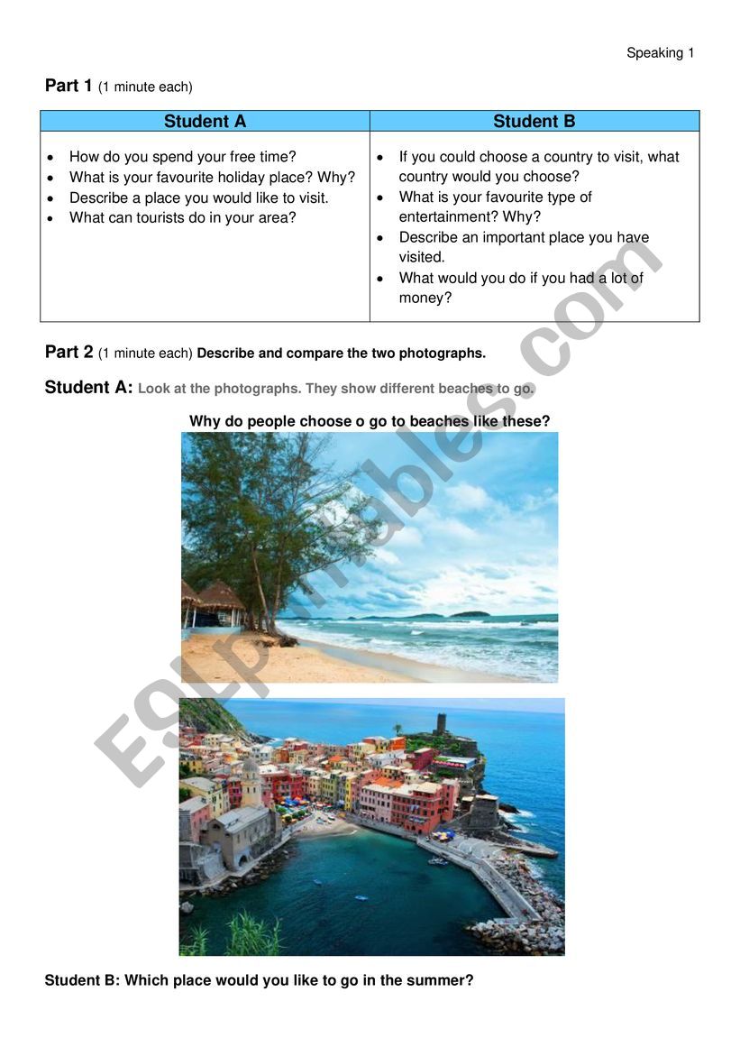 Speaking Holidays FCE format worksheet