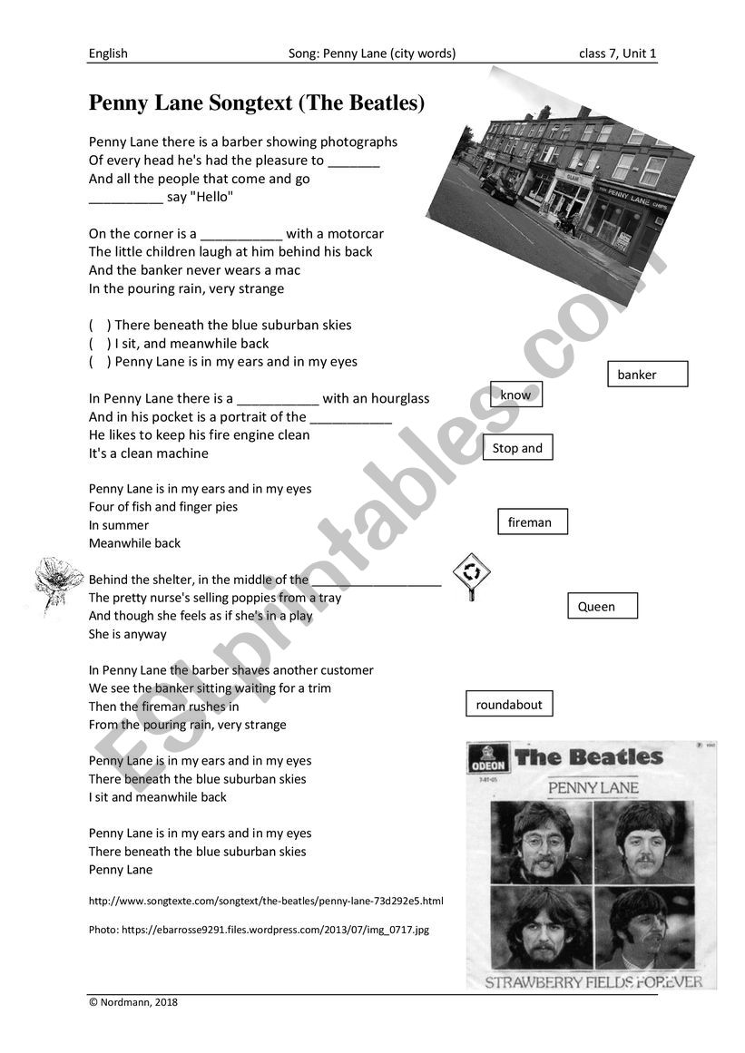 Song Penny Lane  worksheet