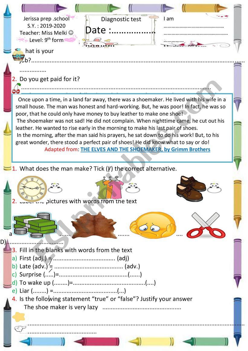 Diagnostic test  9th form worksheet