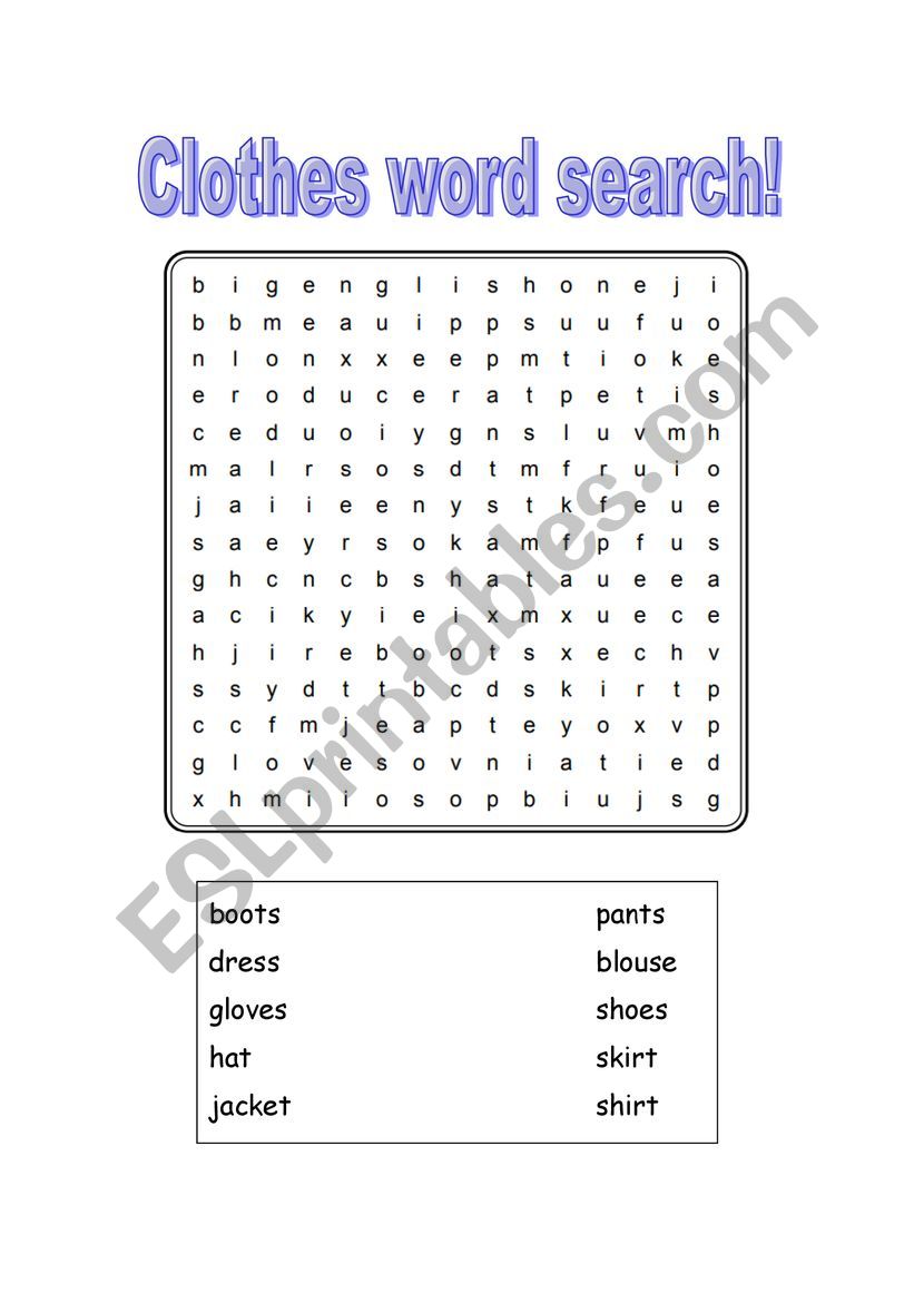 Clothes word search! worksheet