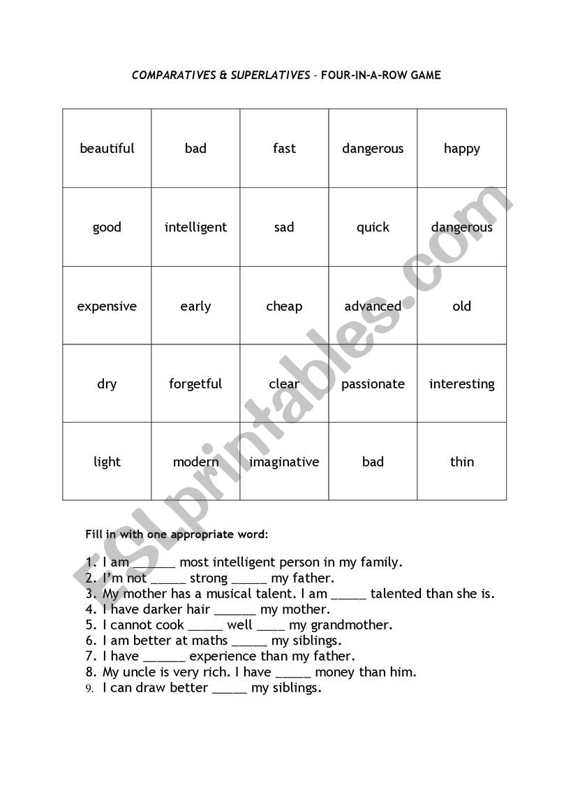 COMPARATIVES and SUPERLATIVES - four-in-a-row game