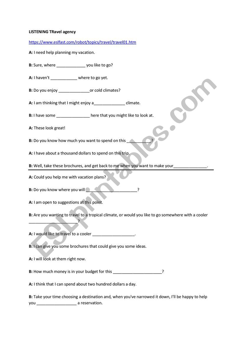 travel agency listening worksheet