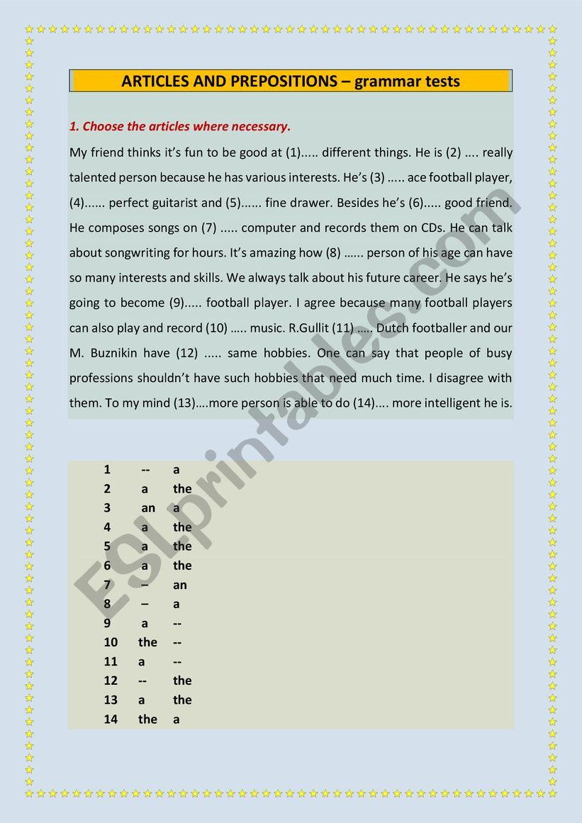 ARTICLES AND PREPOSITIONS - grammar tests