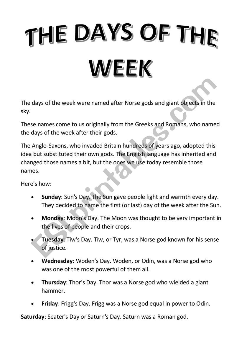 the days of the week worksheet