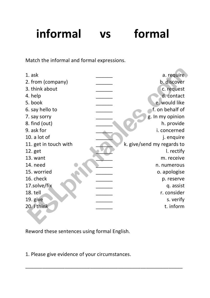 Informal Vs Formal English ESL Worksheet By Hreeve