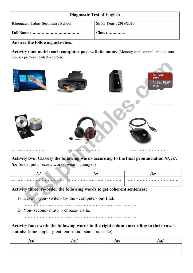 Diagnostic Test worksheet