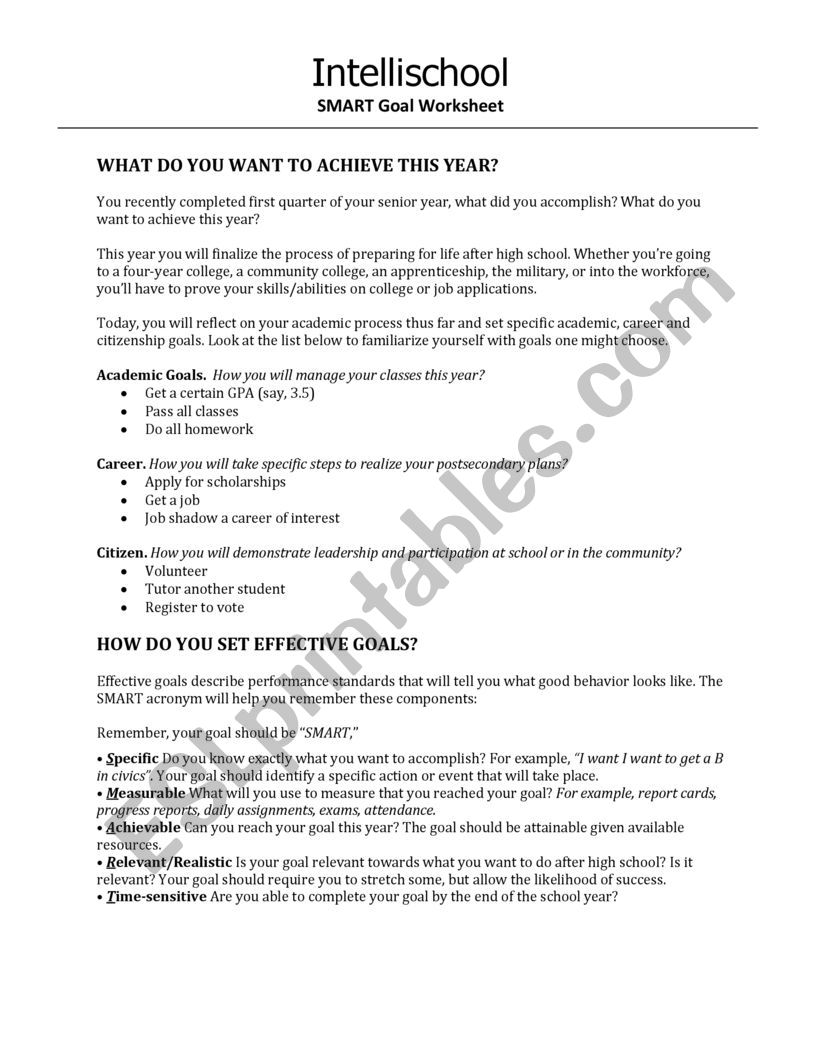 Smart Goal Worksheet worksheet