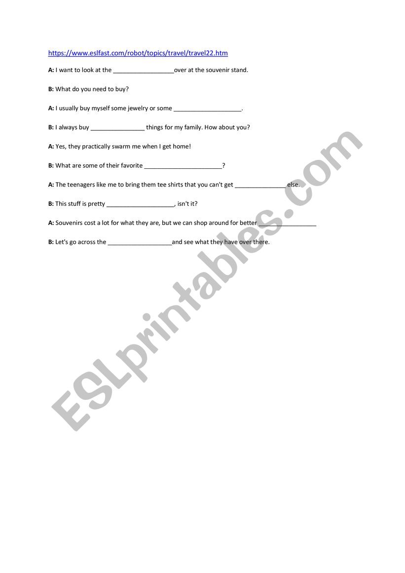 shopping - souvenirs worksheet