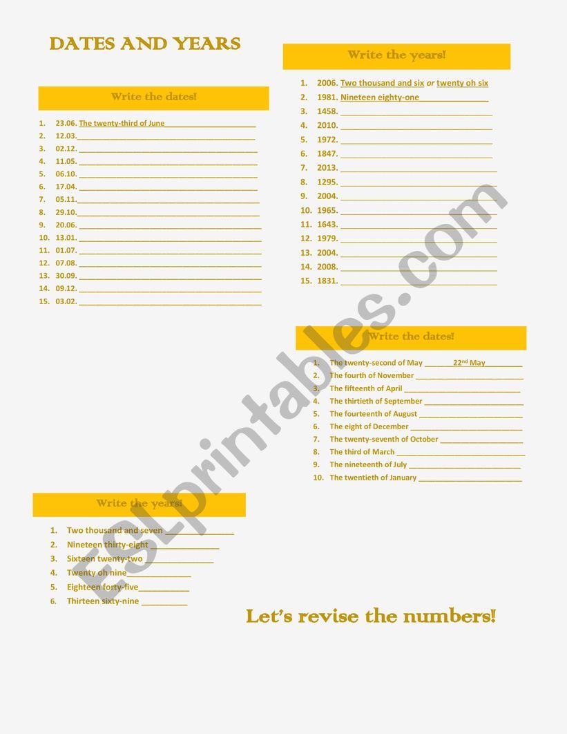 Dates and years  worksheet