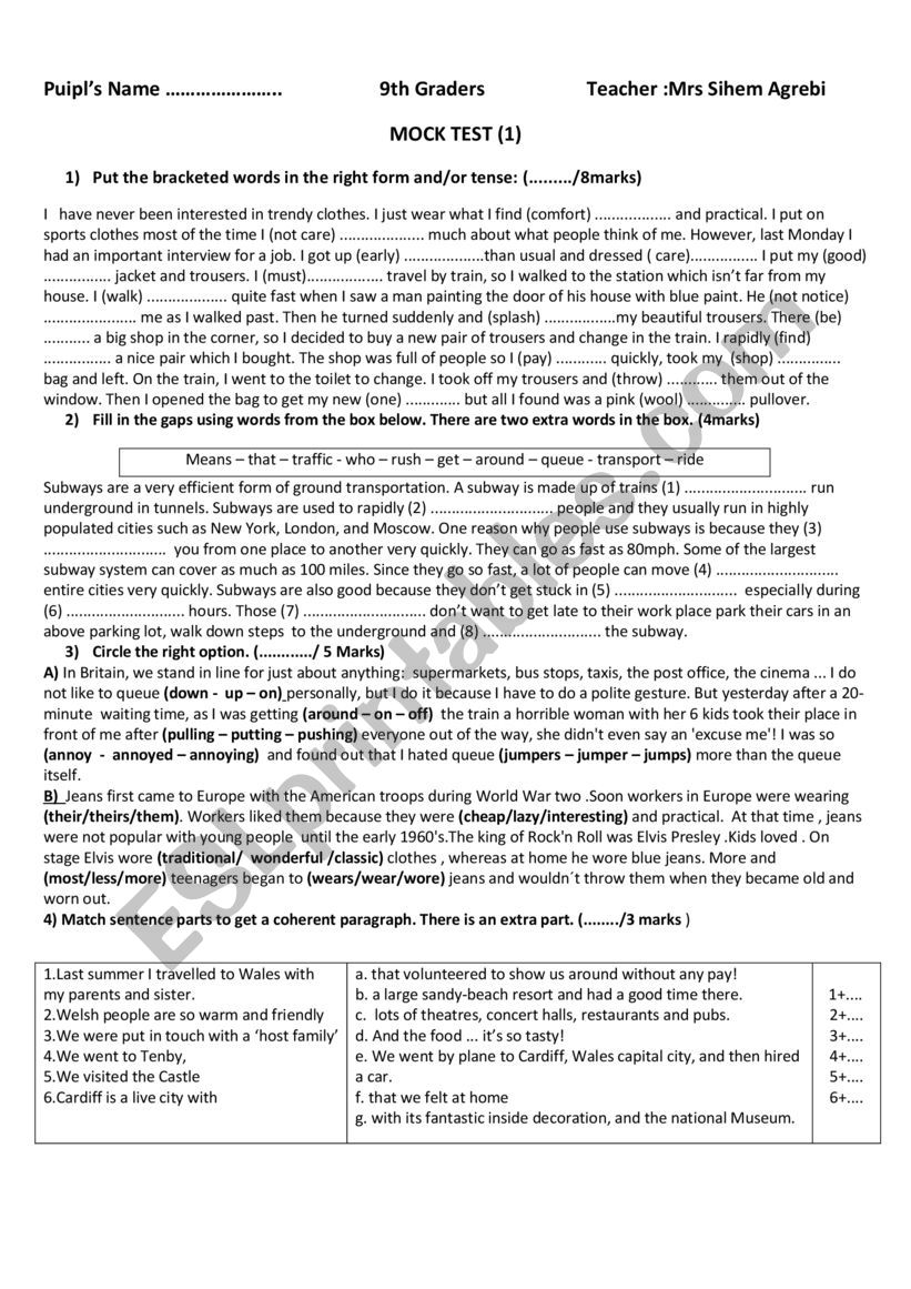Diagnostic  test 9th form worksheet
