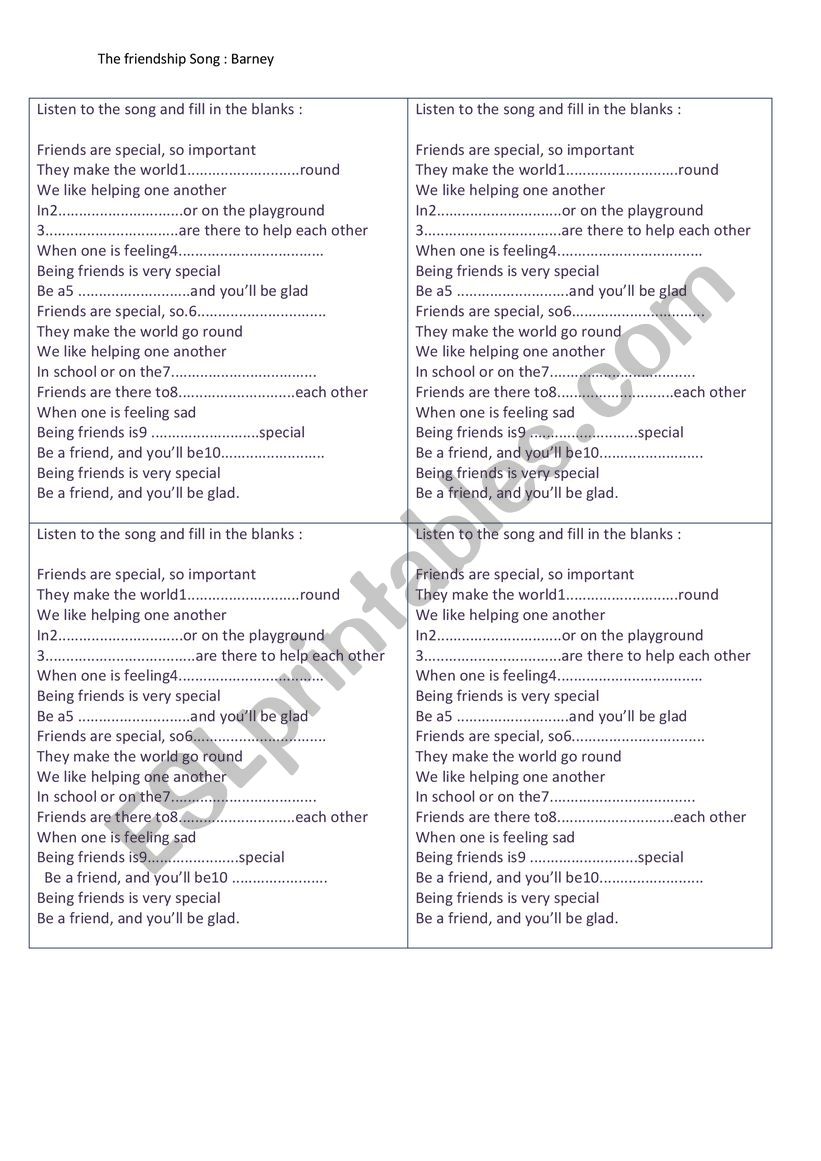 friendship song worksheet