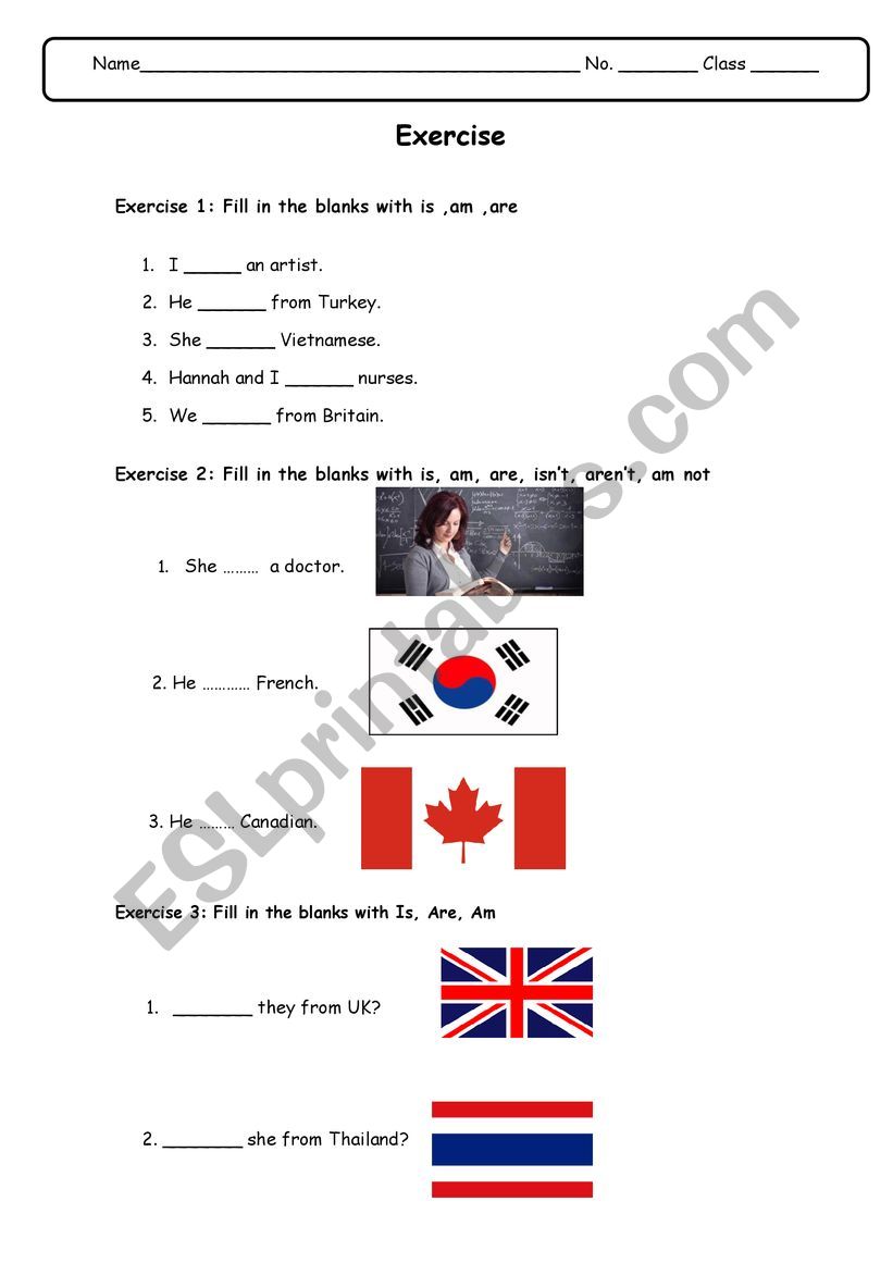 Natonality and verb to be worksheet