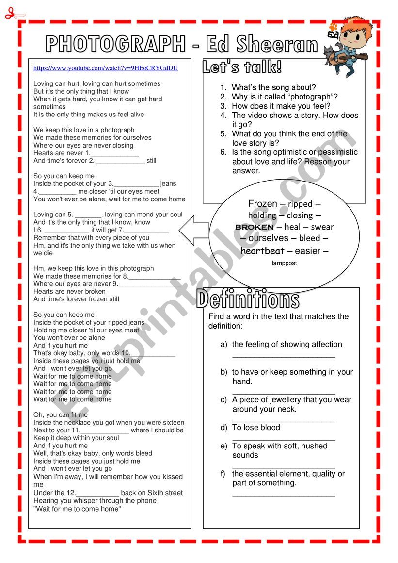 Photograph - Ed Sheeran worksheet