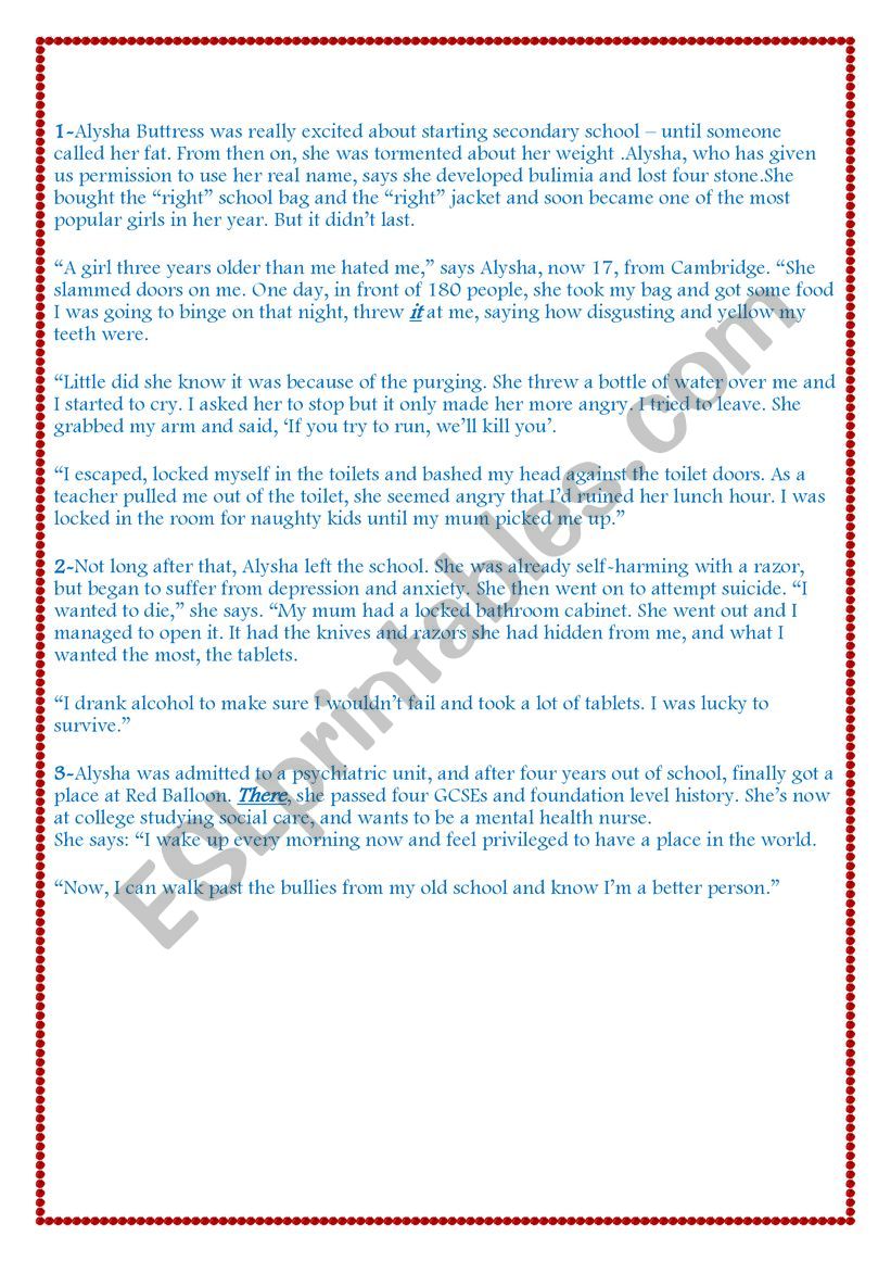 test about bullying worksheet
