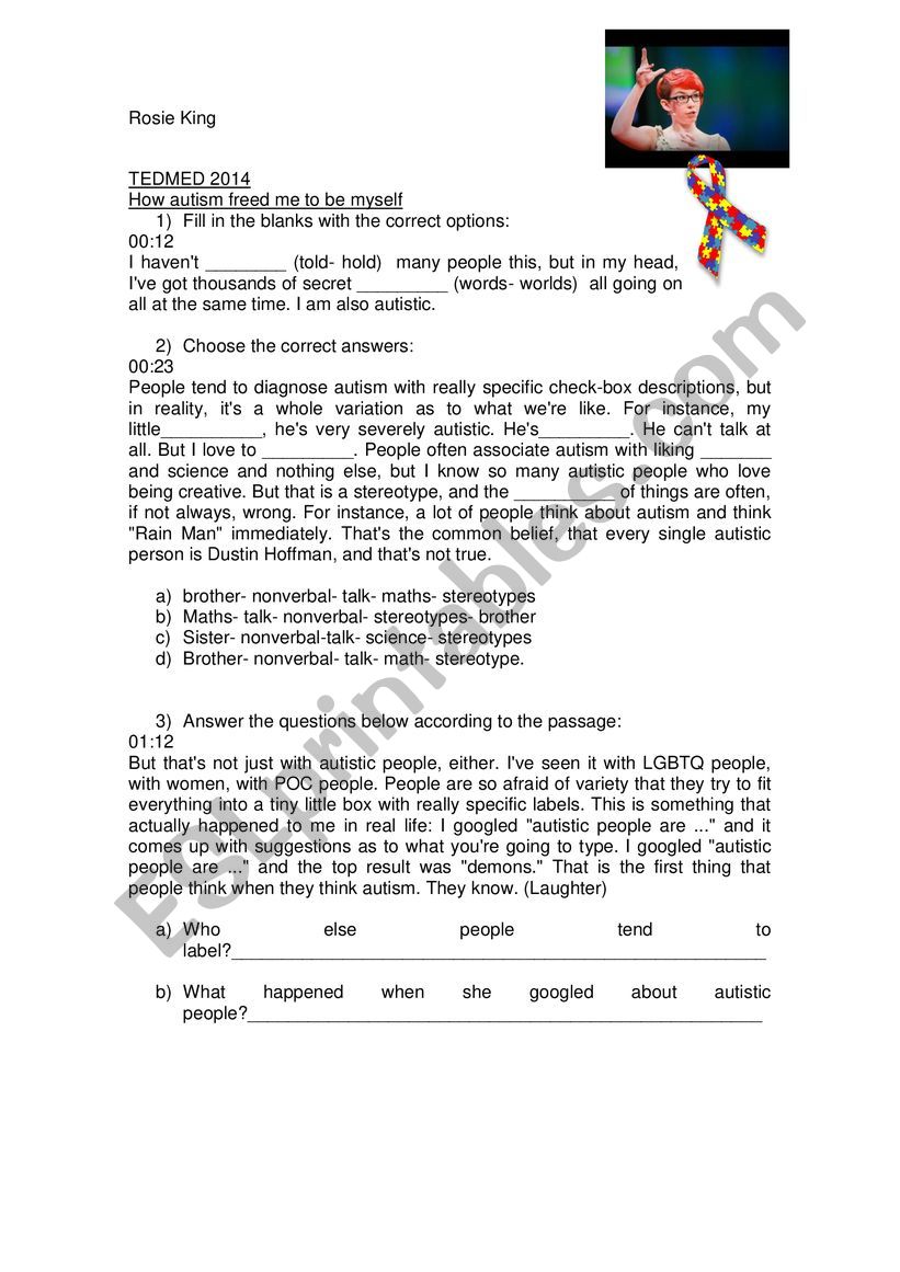 Ted about Autism worksheet