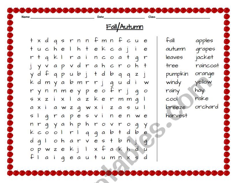 Autumn / Fall wordsearch worksheet