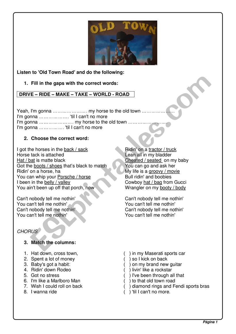 Old Town Road Song worksheet