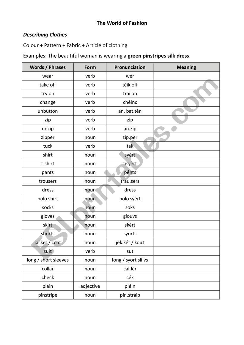 Vocabulary about Fashion worksheet