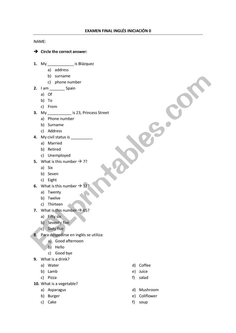 A1 Diagnostic test worksheet